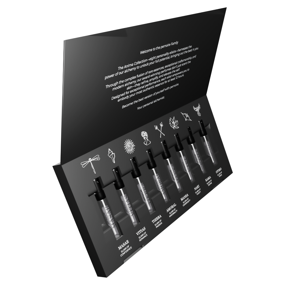Schrägansicht des geöffneten schwarzen Anima Discovery Sets von pernoire mit acht Duftproben.