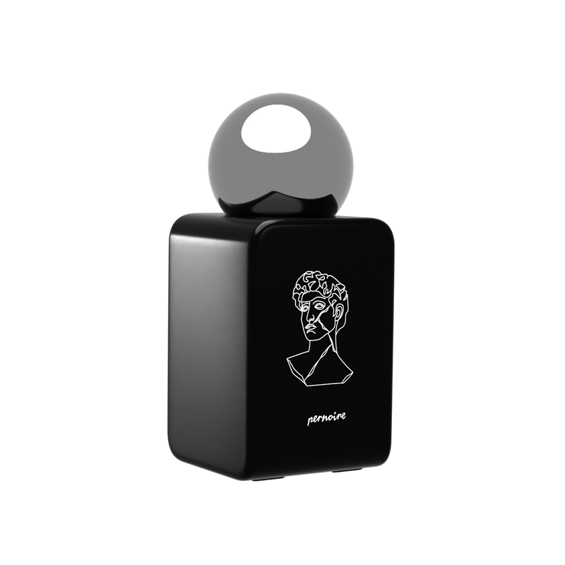 AMORAL perfume bottle by pernoire: black flacon with a line-drawn face illustration and reflective round cap.