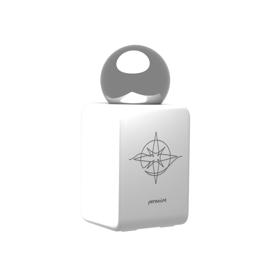 ANELO perfume bottle by pernoire: white flacon with a compass illustration and reflective round cap.