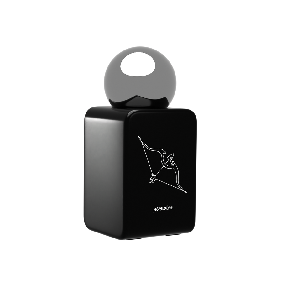 Schwarzer KAMA-Parfumflakon von pernoire mit Pfeil und Bogen und rundem, spiegelndem Deckel.