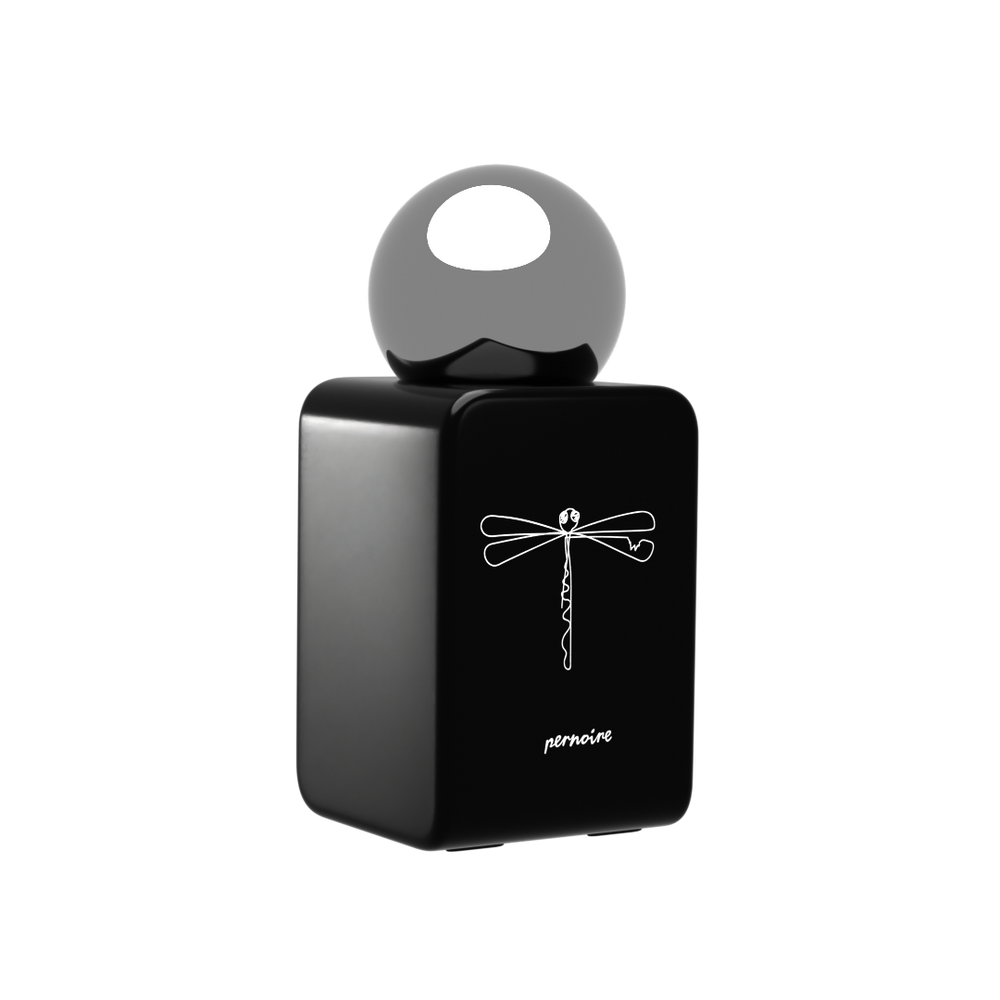 Schwarzer MASAR-Parfumflakon von pernoire mit Libellenmotiv und rundem, spiegelndem Deckel.