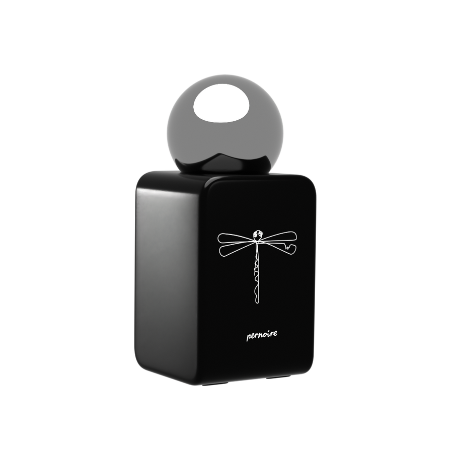 Schwarzer MASAR-Parfumflakon von pernoire mit Libellenmotiv und rundem, spiegelndem Deckel.