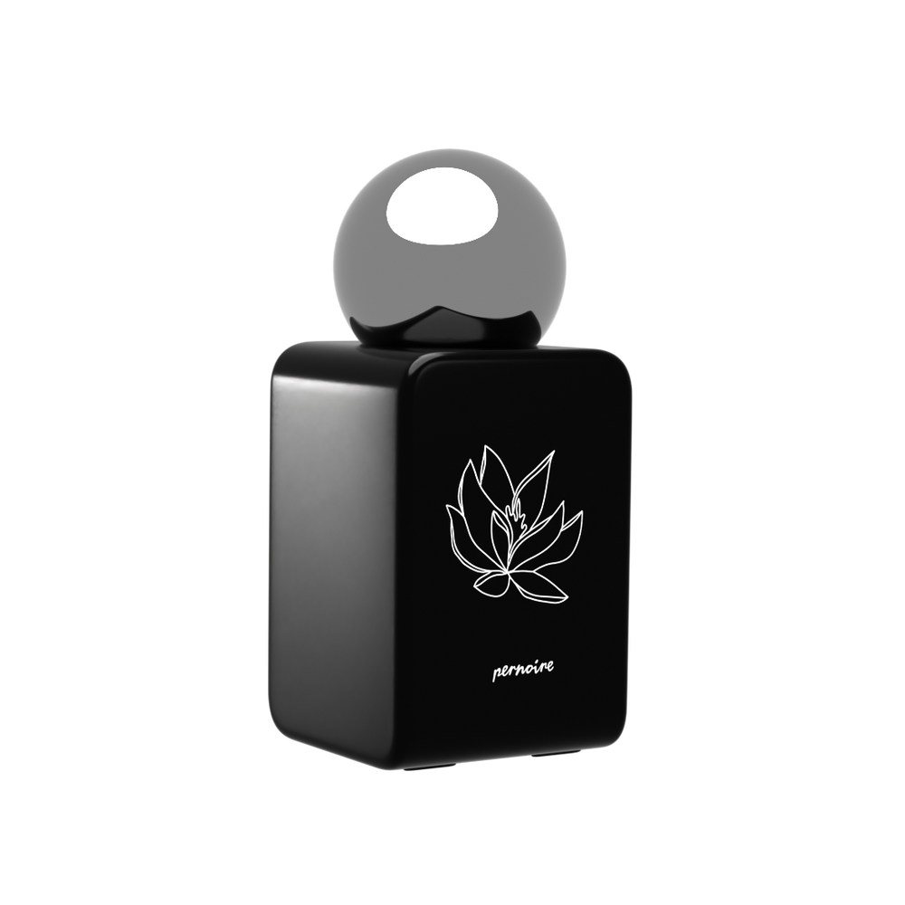 Schwarzer NAKI-Parfumflakon von pernoire mit Lotusmotiv und rundem, spiegelndem Deckel.