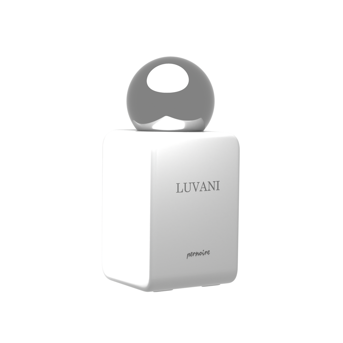 White LUVANI perfume bottle by pernoire, showing the fragrance name and reflective round cap.