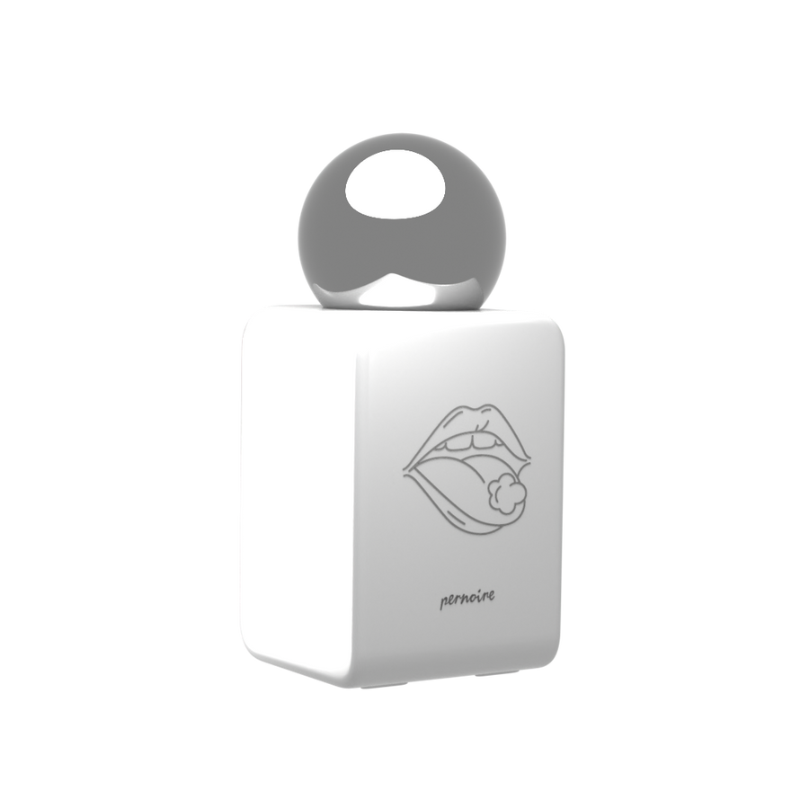 POKA perfume bottle by pernoire: white flacon with a mouth illustration and reflective round cap.