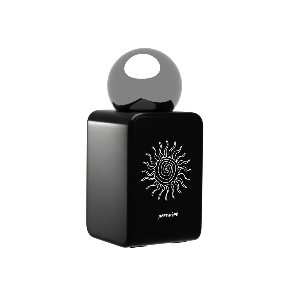 Schwarzer TIERRA-Parfumflakon von pernoire mit Sonnenmotiv und rundem, spiegelndem Deckel.
