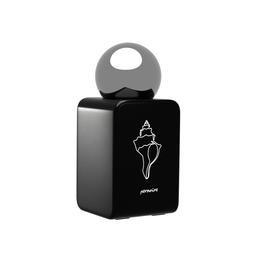 Schwarzer VITIAS-Parfumflakon von pernoire mit Muschelmotiv und rundem, spiegelndem Deckel.