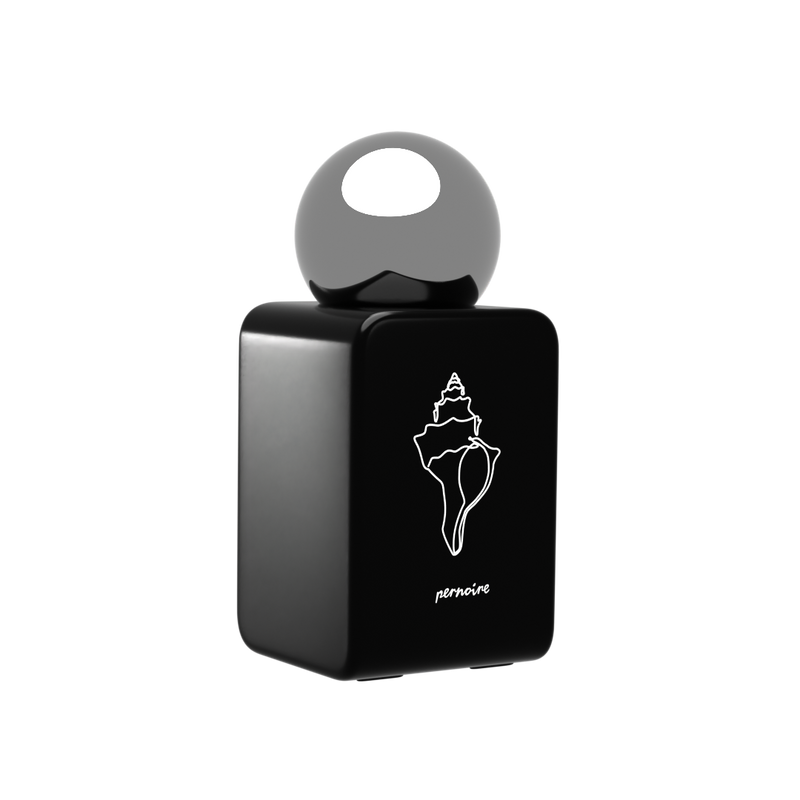 VITIAS perfume bottle by pernoire: black flacon with a seashell illustration and reflective round cap.