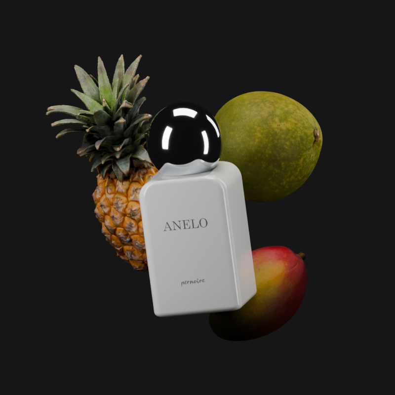 ANELO bottle surrounded by a whole pineapple, pomelo and mango, with natural colours and a polished chrome cap.