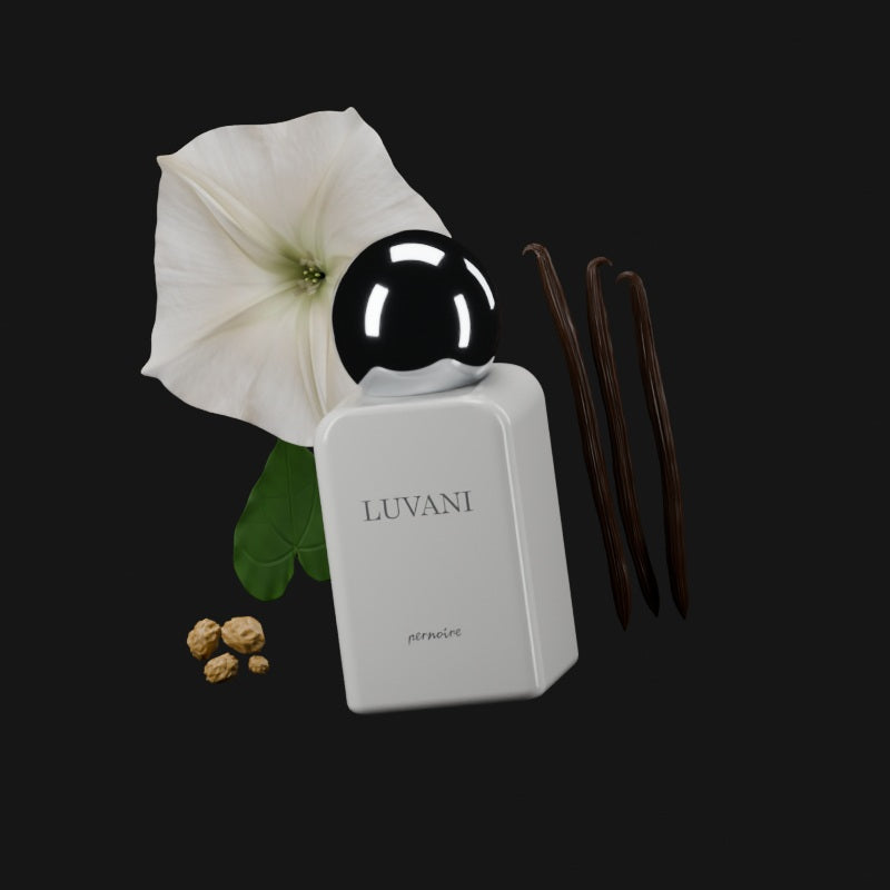 LUVANI flacon with a white moonflower, three whole vanilla pods and frankincense resin, reflected in its polished chrome cap.