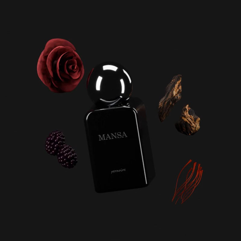 MANSA-Flakon mit einer Rose, Oudholz, Brombeere und Safran.