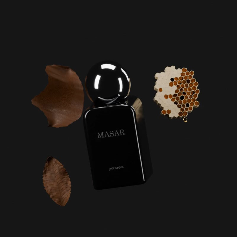 MASAR perfume bottle with leather, honey and tobacco leaf.