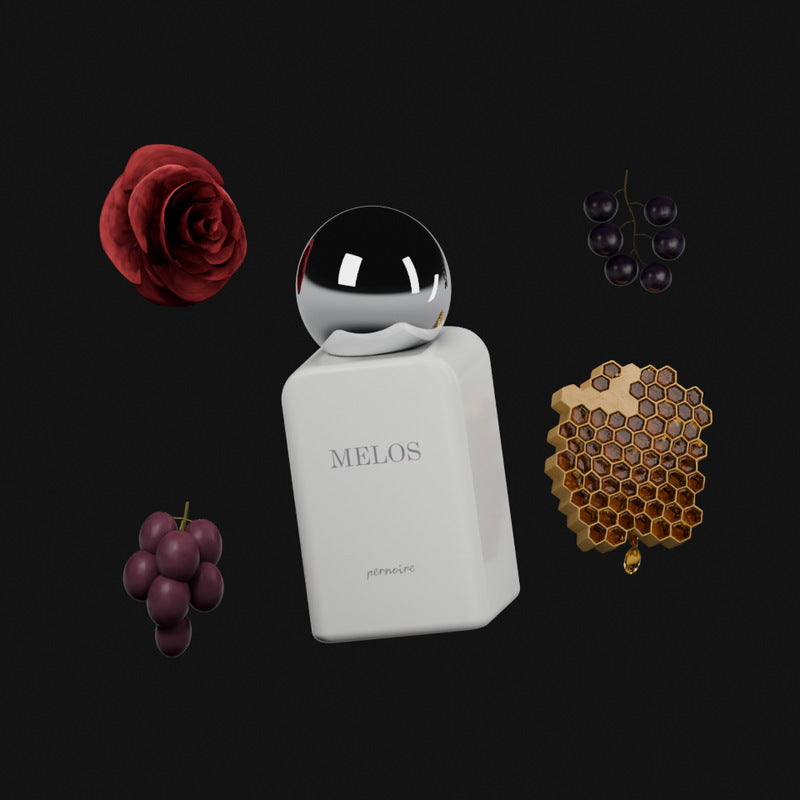 MELOS-Flakon mit einer Rose, Honig, Trauben und schwarzen Johannisbeeren.
