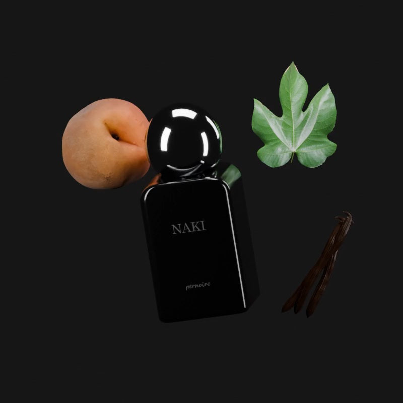 NAKI-Flakon mit einem ganzen runden Pfirsich, Feigenblatt und drei ganzen Vanilleschoten.
