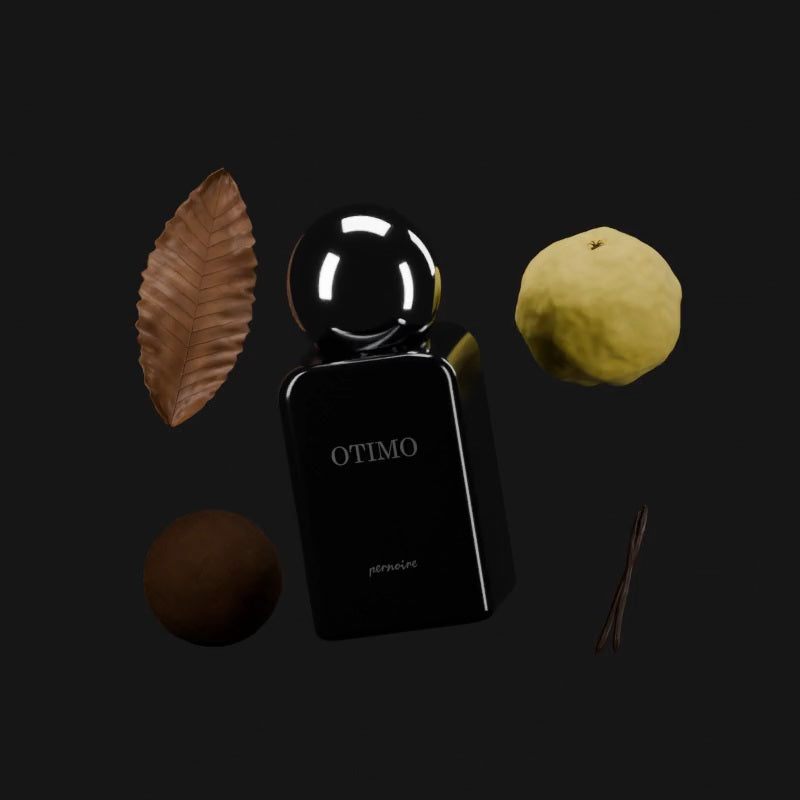 OTIMO perfume bottle with a whole quince, tobacco leaf, a round cocoa-dusted praline and vanilla pods.