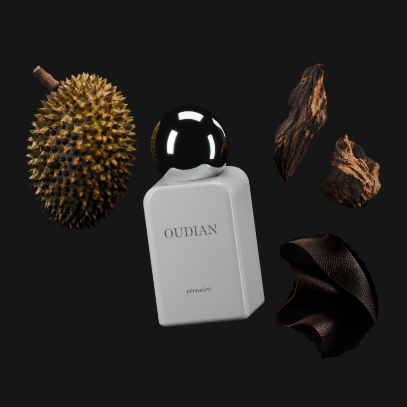 OUDIAN-Flakon mit ganzer Durian, Oudholz und geschwungener Lederfalte, mit glänzender Chromkappe.