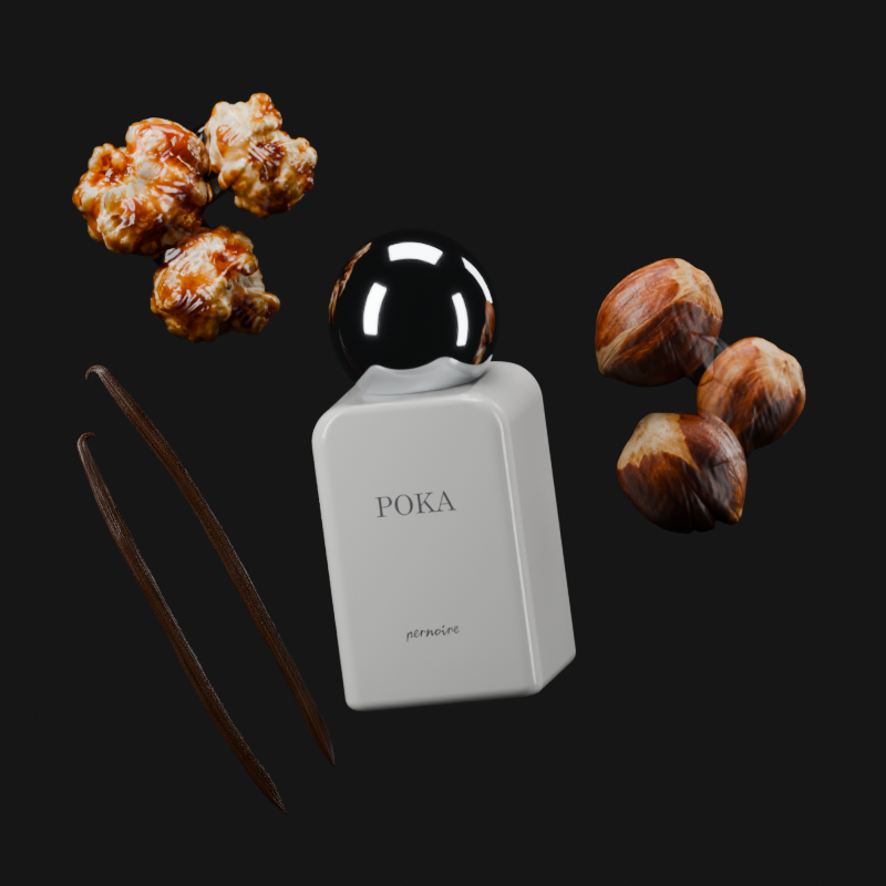POKA bottle with caramel popcorn, hazelnut and whole vanilla pods, with natural colours and a polished chrome cap.