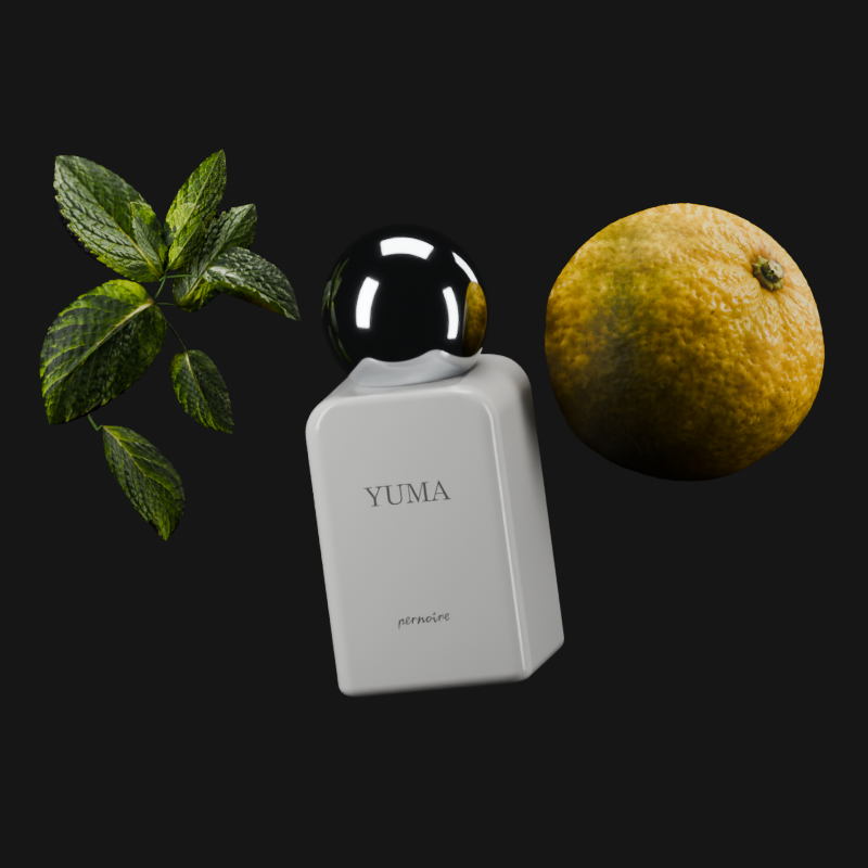YUMA flacon with whole yuzu and a fresh mint sprig in natural colours, with a polished chrome cap.