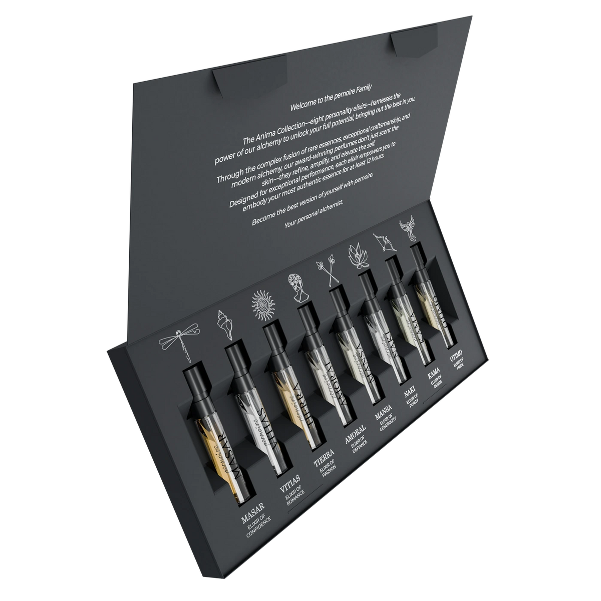 pernoire Anima Discovery Set – angled view, eight fragrances