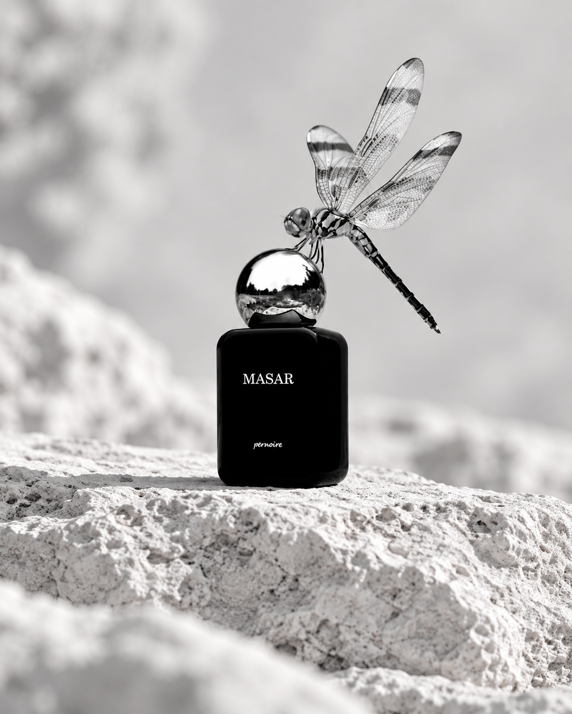 Black MASAR bottle with a dragonfly on its reflective cap, standing on pale stone.