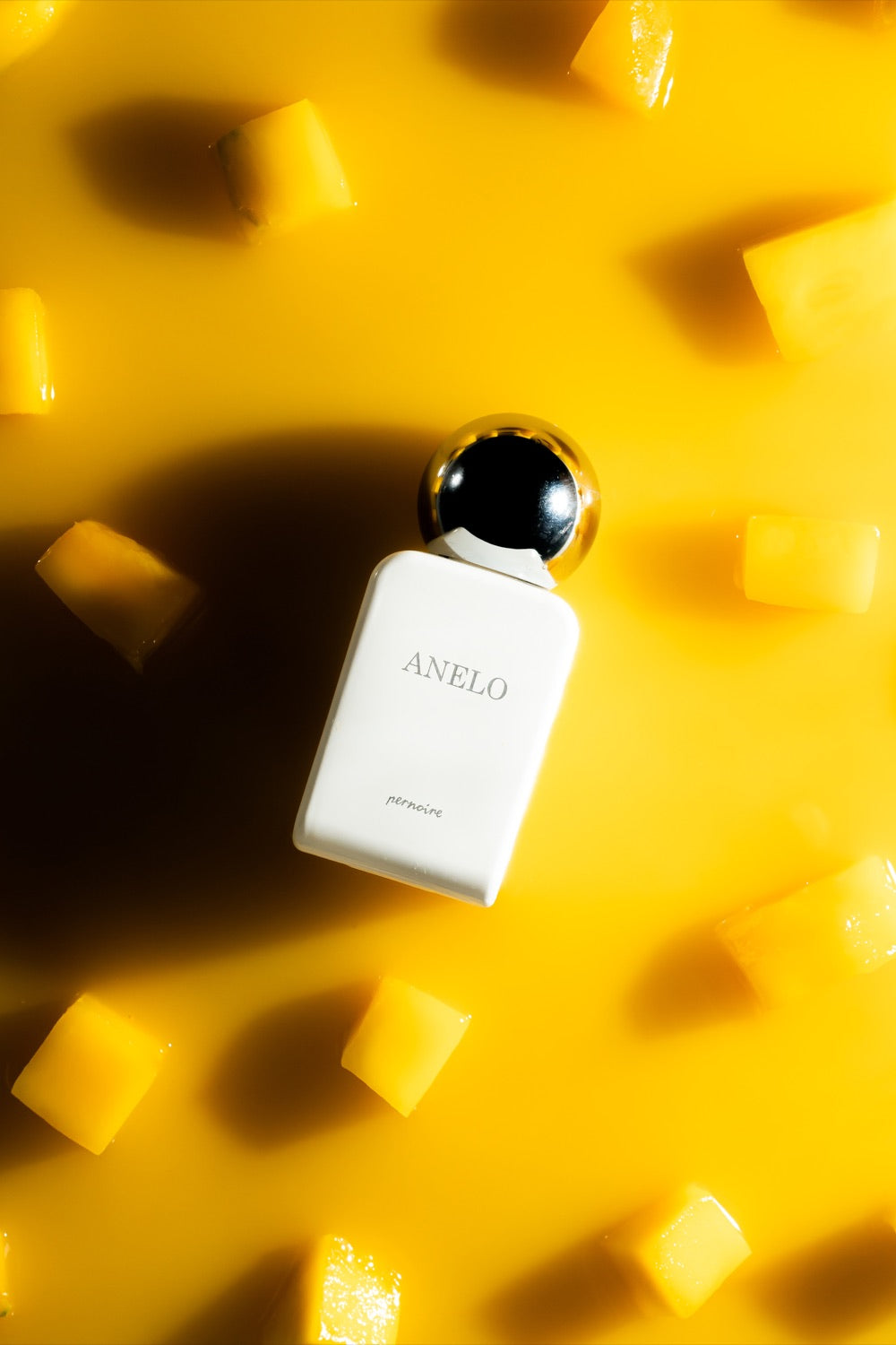 Black-and-white photograph of the white ANELO perfume bottle with a silver spherical cap among fresh mango pieces in mango juice.
